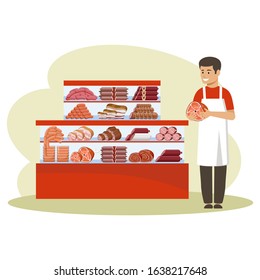 Shop for meat products. Counter. Seller holds a ham. Vector flat illustration