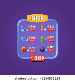 Menü im Shop und Optionen im Pop-Fenster. UI-Elemente für mobile Anwendungen UI-Kit-Kollektionsschaltflächen für die mobile Entwicklung, Casual Games und UI-Kit.
