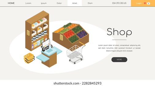 Shop - modern colorful vector isometric web banner with copy space for text. Purchasing food at the grocery store. Supermarket interior with shelves with vegetables, cart, baskets, counter