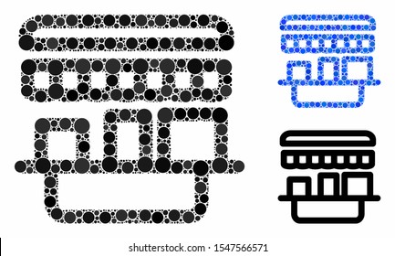 Shop mosaic of round dots in various sizes and shades, based on shop icon. Vector round dots are composed into blue mosaic. Dotted shop icon in usual and blue versions.