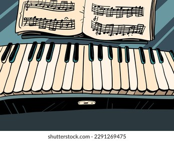 Shop with musical instruments. Piano with notes. Life is classical music. black and white keys