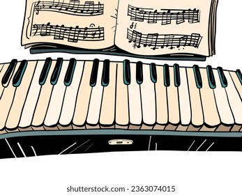Compra con instrumentos musicales. Piano con notas. La vida es música clásica. teclas en blanco y negro