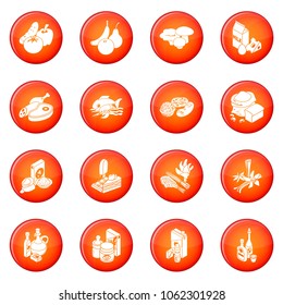 Shop navigation foods icons set vector red circle isolated on white background 