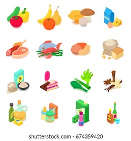 Shop navigation foods icons set. Isometric illustration of 16 shop navigation foods vector icons for web