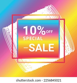 shop now 10% off special sale sign holographic gradient over art white round bangles shapes on colorful gradient background Vector illustration