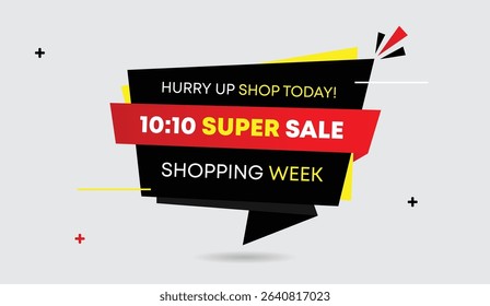 Shop now 10 to 10 super sale amazing discounts hurry up limited time offer grab deals today shopping week exclusive editable web banner design black red gradient yellow abstract background