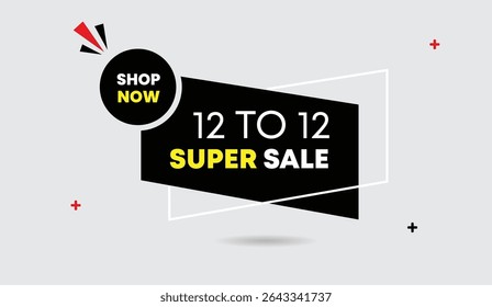 Shop now with 12 TO 12 Super Sale editable web banner design featuring bold yellow font black shapes white and yellow abstract background perfect for unique eye-catching vector art promotions