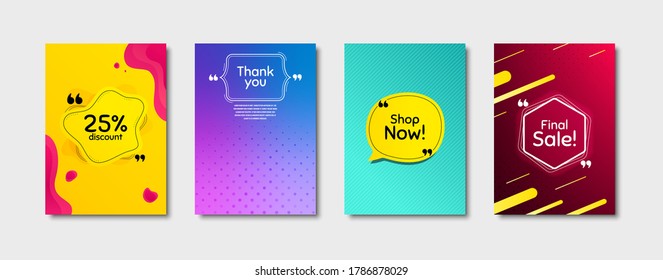 Shop now, 25% discount and final sale. Dynamic cover design. Creative fluid background. Thank you phrase. Sale shopping text. Poster cover template with chat bubble. Quote marks speech bubble. Vector