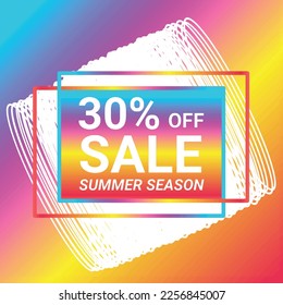 Shop now 30% percent off sale summer season sale sign holographic gradient over art white round bangles on colorful gradient background Vector illustration