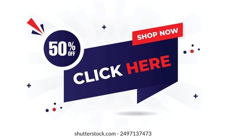 Shop now with 50% off! Eye catching banner with white background, dark and light blue gradient, and red vector shapes button, banner, icon, vector, web, shop, website, now, buy, design, click, online