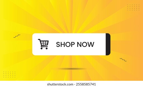 Shop now banner editable vector illustration with icon, label, sticker, and EPS format. Customizable template design featuring black and white shapes with an orange-yellow gradient abstract background