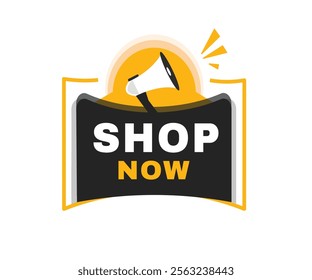 Shop now banner flat label and icon megaphone. Vector design sign.