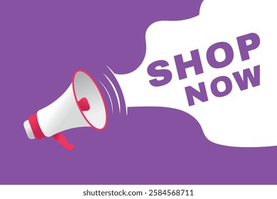 Shop now banner modern sign Vector speech bubble design. Web element or tag with megaphone.