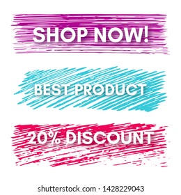 Shop Now, Best Product, 20% Discount. Set of three sale banners on the colorful painted spots. Vector illustration