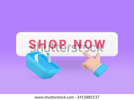 Shop now button with business man hand click cursor and shopping cart 3d icon realistic vector illustration. Online store grocery supermarket e commerce retail buying goods choice order pointer