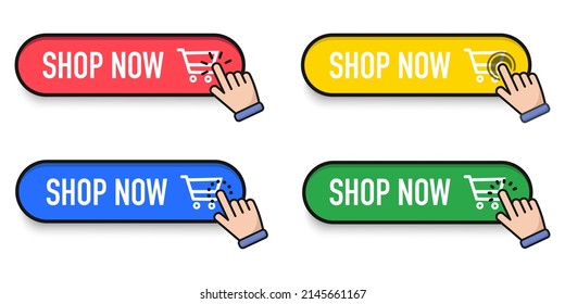 Shop Now Button Click Mouse Cursor and Shopping Ticket Vector Design on White Background.