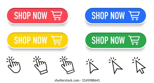 Shop Now Button Collection With Hand Pointer set. Vector design