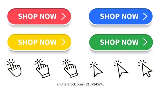 Shop Now Button With Hand Cursor Set. Button Hand Pointer Clicking. Shop Now. Online Shopping. Vector Design