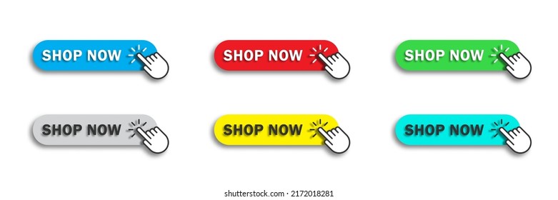 Shop now button with hand cursor. Flat vector illustration.