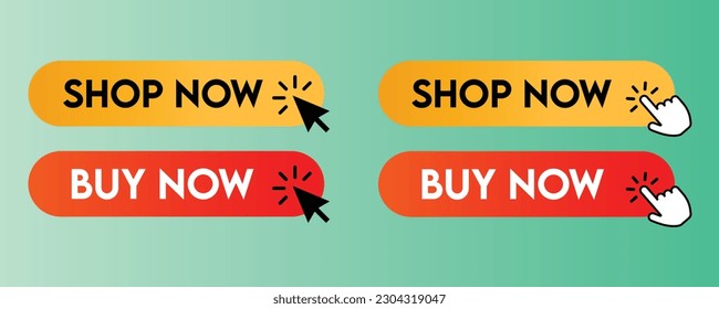 Shop now button with hand cursor, Buy now hand pointer clicking,Online shopping buttons set