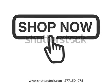 Shop now button with hand cursor. Buy now hand pointer clicking. Online shopping. Vector illustration.