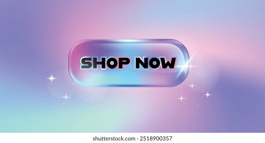 Shop now button, icon. 3d holographic gradient color button design. illustration vector premium.