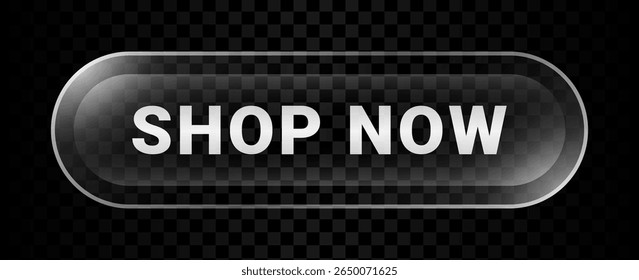 Ícone do botão Comprar agora em vidro líquido. Comprar efeito de desfoque de símbolo. Crachá de clique em compras online