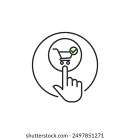 Schaltfläche "Jetzt einkaufen". Bild der Hand mit Zeigefinger Klicken auf Diagramm mit grüner Checkliste. Es symbolisiert eine überzeugende Geste, den Kauf sofort zu tätigen. Illustration der Einkaufsaktivitäten