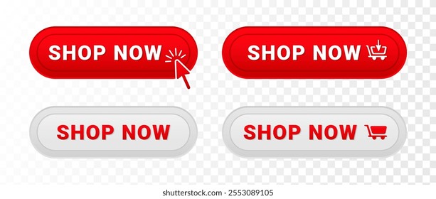Shop now button icon set. Buy symbol with cursor. Online shopping click buttons on white background