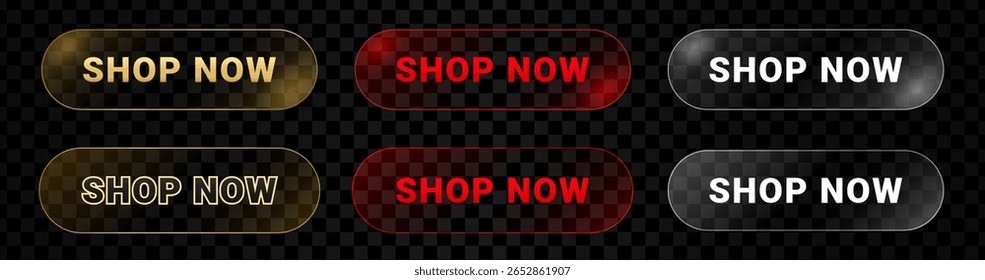 Conjunto de iconos de Botón en efecto vidrio. Comprar iconos de símbolo de estilo transparente. Botones de Hacer clic de compras en línea