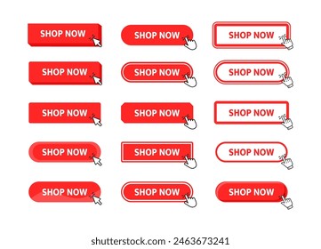 Shop Now Button with pointer clicking. Web button. Finger Pressing. Click to Shop Now Concept. Vector illustration