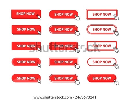 Shop Now Button with pointer clicking. Web button. Finger Pressing. Click to Shop Now Concept. Vector illustration