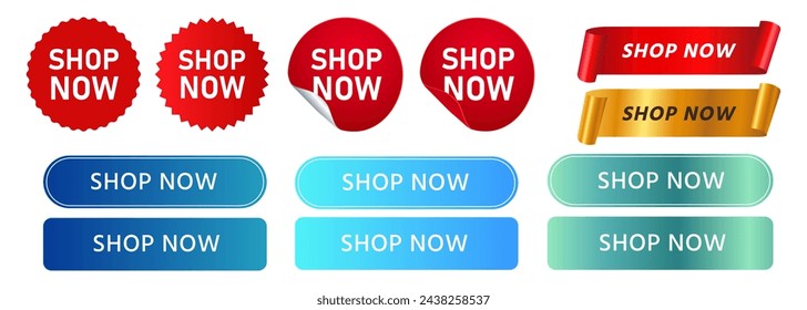 shop now button and ribbon label sticker buy purchase special promotion store