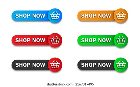 Shop now button with shopping cart. Online shopping banner set. Flat vector illustration.