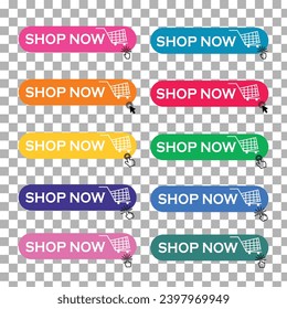 shop now button with shopping cart.Modern collection for website. Online shopping. Click here, apply, buttons hand pointer clicking. Web design.