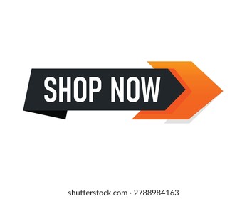 Shop now button vector illustration template with orange arrow pointer isolated on white background