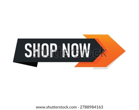 Shop now button vector illustration template with orange arrow pointer isolated on white background