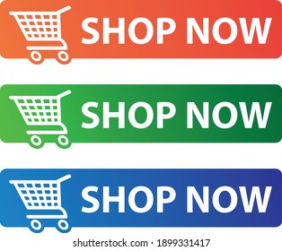 Shop Now Buttons for E-commerce. 3 color variation with shopping cart icon. Web design elements.