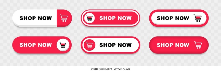 Shop now buttons. Set of shop now buttons with cart icon. Buy now button for online shop. Call for action buttons. Modern colorful buttons for website design. Vector illustration.