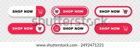 Shop now buttons. Set of shop now buttons with cart icon. Buy now button for online shop. Call for action buttons. Modern colorful buttons for website design. Vector illustration.