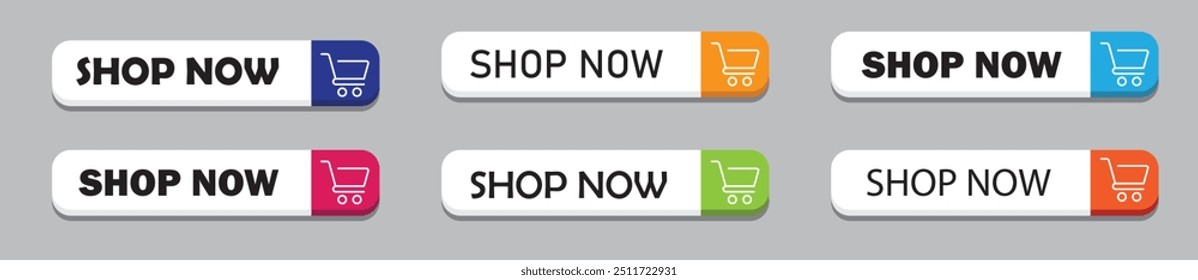 Shop now buttons set. Collection of shop now button with cart icon. Modern colorful buy now button for online shop. Vector illustration.