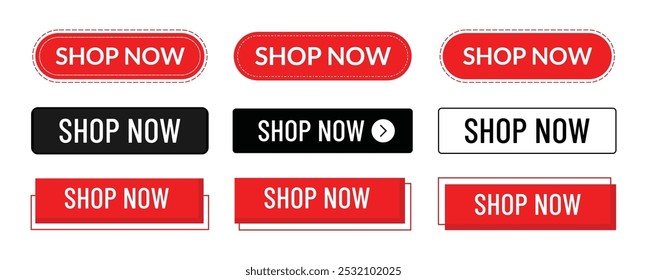 Shop now buttons. Set of shop now buttons with icon. Buy now button for online shop. Call for action buttons. Modern colorful buttons for website design. Vector illustration Design.