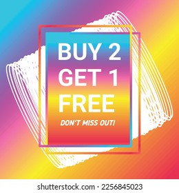 shop now buy 2 get 1 free don't miss out! season sale sign holographic gradient over art white round bangles on colorful gradient background Vector illustration