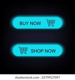 Shop now and Buy Now buttons. Set of shop now buttons with cart icon. Buy now button for online shop. Neon glowing color for website design, isolate Vector on dark background