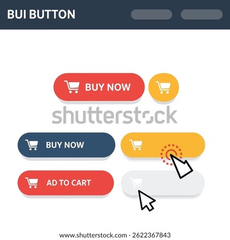 Shop now, Buy now and Click here red button set with hand cursor. Button hand pointer clicking banner with shadow. Click button isolated. Online shopping