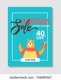 Shop now, Christmas sale up to 40% off, image of bear holding present with bow in its paw and lettering placed in white frame on vector illustration