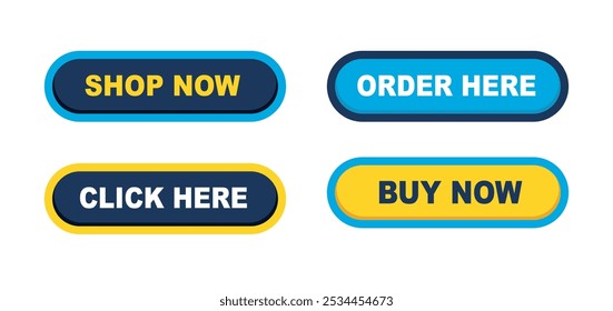 Shop now, click here, order here and buy now buttons vector illustration. Set of action web buttons. Online shopping icons. 