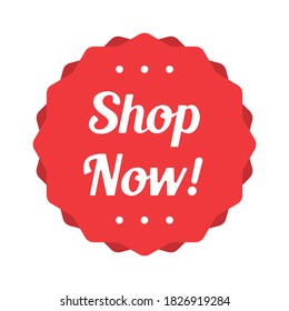 Shop now color discount sticker. Shop now red bent label isolated on white background. discount lettering on modern round shape. illustration for promo advertising discounts