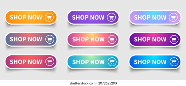 Ver ahora conjunto de botones coloridos. Compra ahora o compra ahora. Colección moderna para el sitio web. Ilustración vectorial.