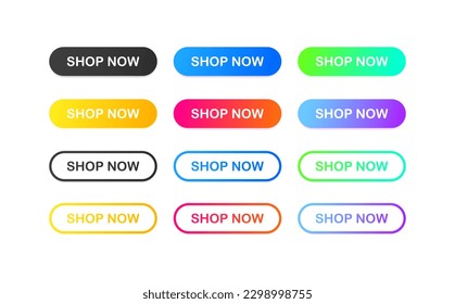 Shop now. Flat, color, button shop now. Vector icons.